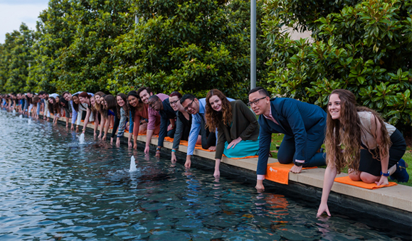 A group of students kneeling at the edge of a pool with their right hand in the water
